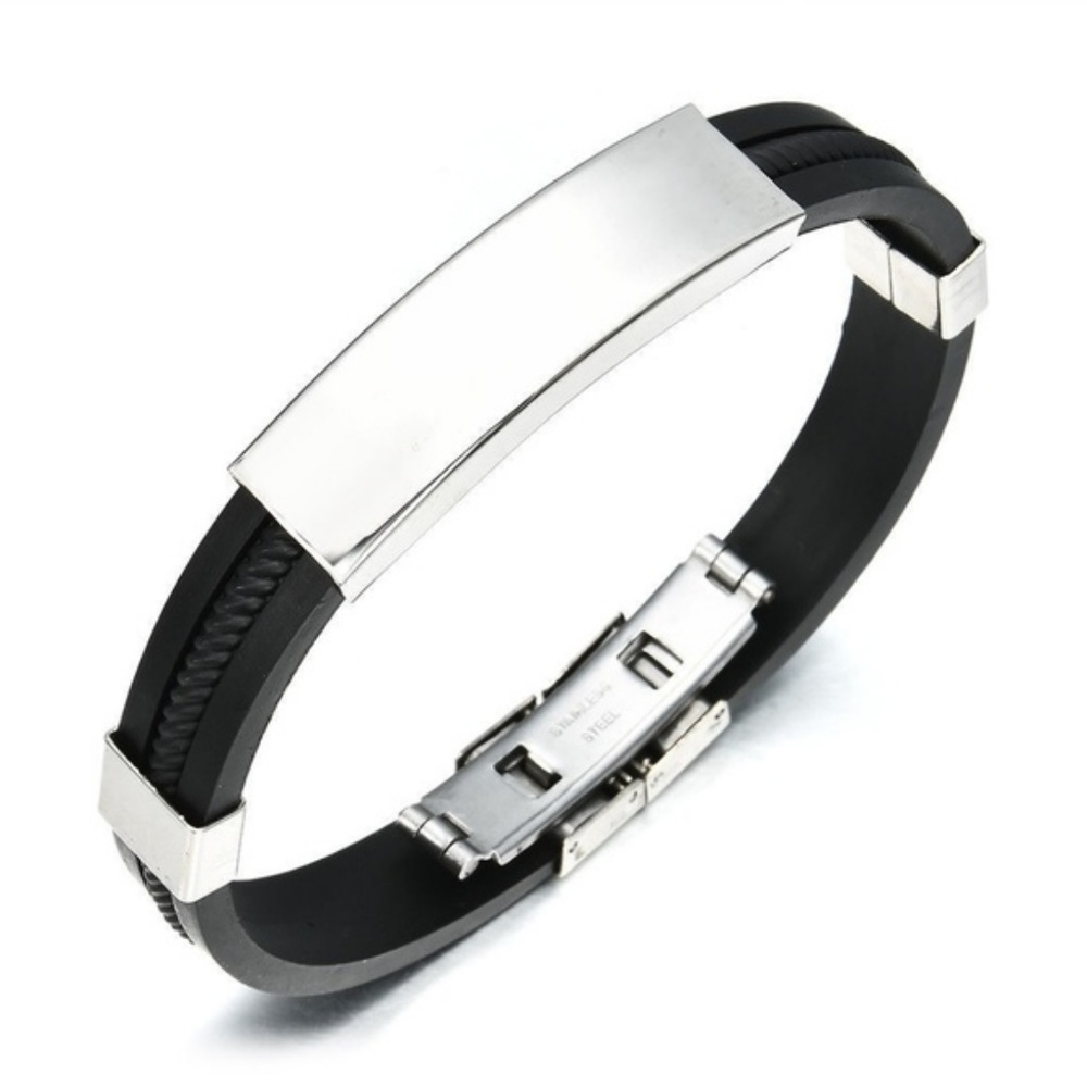 Men's Black Vegan Leather Stainless Steel Bracelet - Picture 2 of 6